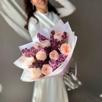 Букет РОЗА-СИРЕНЬ, 9 пионовидных роз