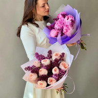 Букет РОЗА-СИРЕНЬ, 9 пионовидных роз