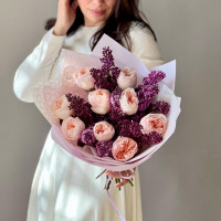 Букет РОЗА-СИРЕНЬ, 9 пионовидных роз