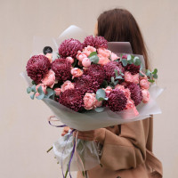 Букет с винными хризантемами и пионовиднымии розами ДЖАЙВ