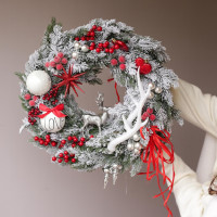 Рождественский венок, красно-белый, 50 см