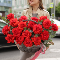 Корзина французских алых роз Nina, 19 роз *