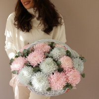 Корзина ДУО-ХРИЗАНТЕМА, белые и голубые хризантемы, 15 шт.