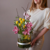 Букет в стекле ОРХИДЕЯ-ТЮЛЬПАН