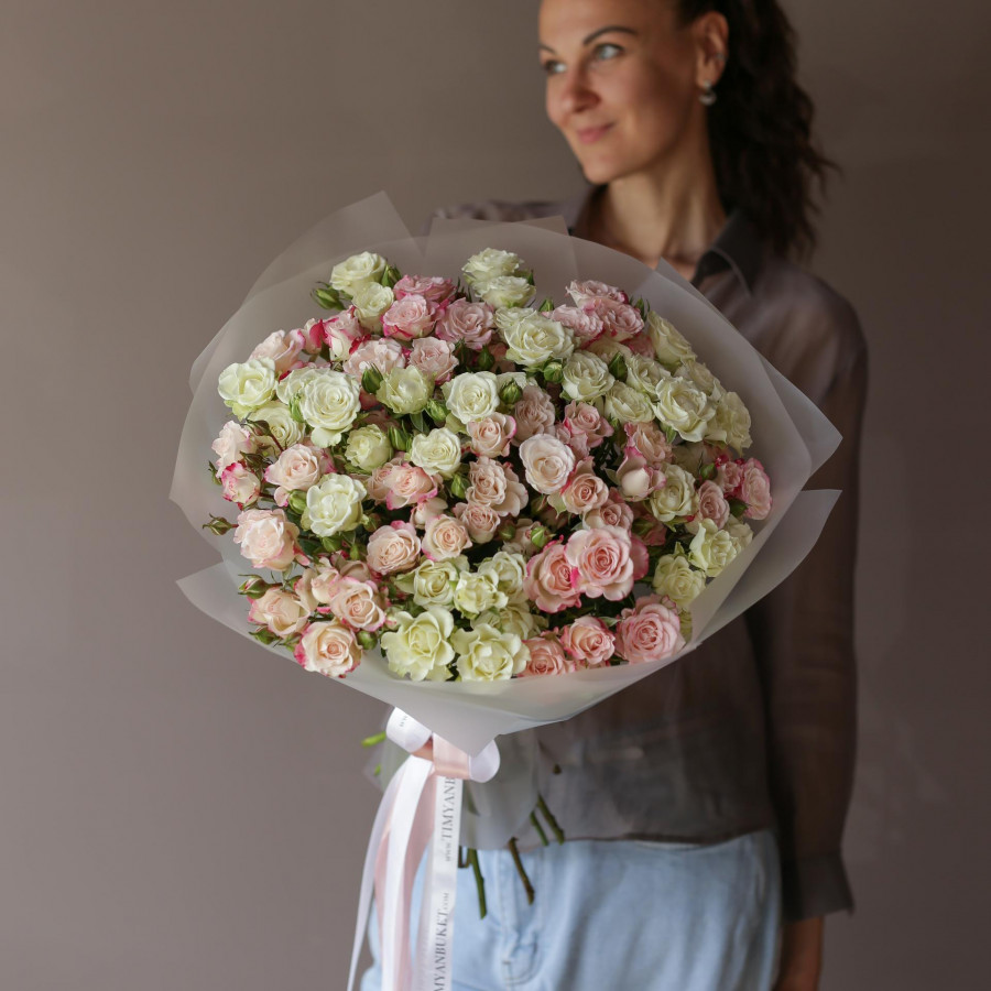 Монобукет КУСТОВЫЕ РОЗЫ, нежный микс, 21 шт