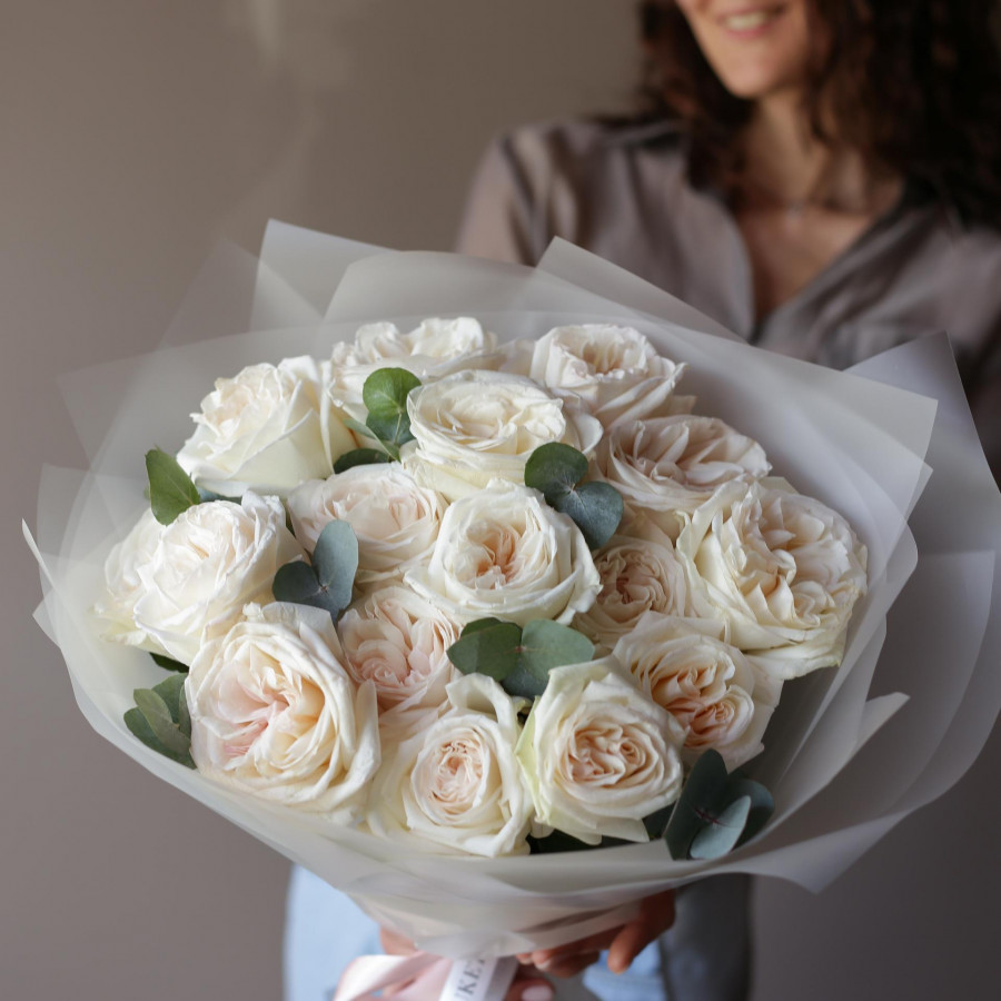 Монобукет РОЗЫ ВАЙТ ОХАРА, 15 шт