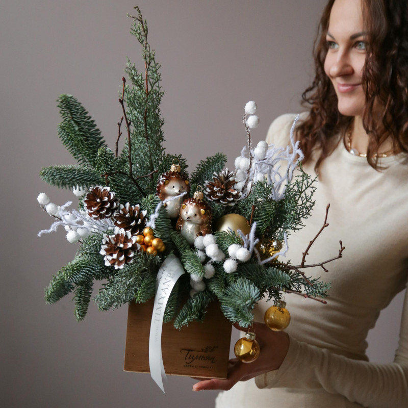 Новогодняя композиция в ящичке ЕЖИКИ с шишками