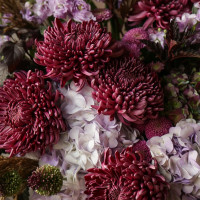 Букет с винными хризантемами и гортензией