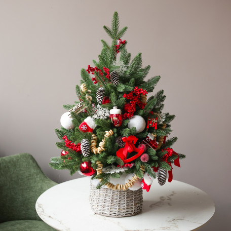 Елка эксклюзивная с русским декором в корзинке, ручная работа, 50 см	