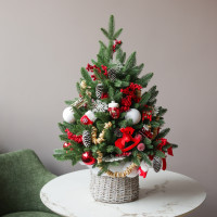 Елка эксклюзивная с русским декором в корзинке, ручная работа, 50 см	