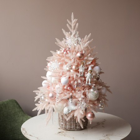 Елка настольная искусственная премиум розовая с белым декором , ручная работа, 90 см