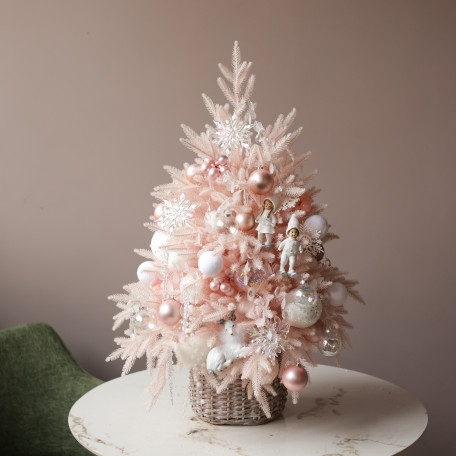 Елка эксклюзивная нежно-розовая с пудрово-белым декором в корзинке, ручная работа, 50 см