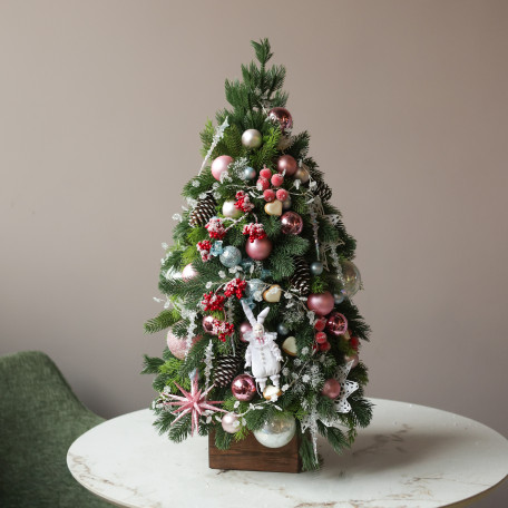 Елка эксклюзивная, ЗАЙКА, с огнями, авторский декор, ручная работа - 65 см	