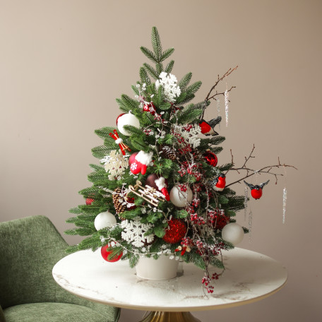 Елка эксклюзивная, СНЕГИРИ, с огнями, авторский декор, ручная работа - 50 см