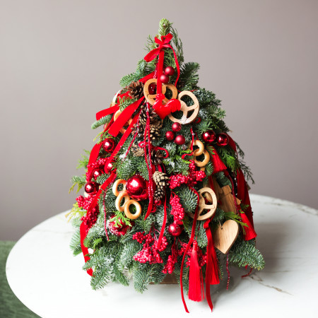 Елка настольная из натуральной ели «Русская с петушком», ручная работа, 55 см