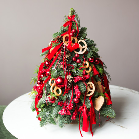 Елка настольная из натуральной ели «Русская с петушком», ручная работа, 55 см