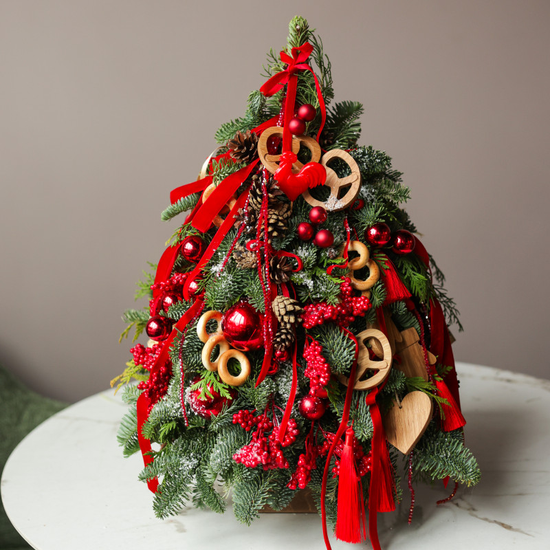 Елка настольная из натуральной ели «Русская с петушком», ручная работа, 55 см