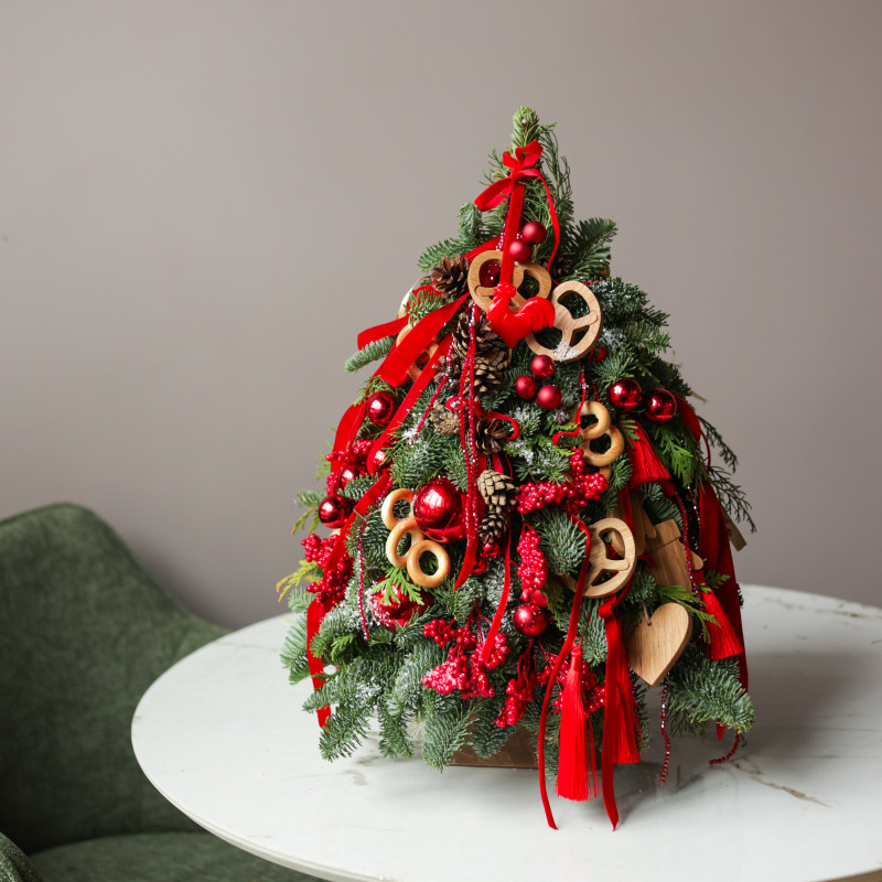 Елка настольная из натуральной ели «Русская с петушком», ручная работа, 55 см