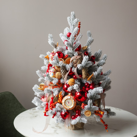 Елка заснеженная, КРАСНО-ОРАНЖЕВАЯ, авторский декор, ручная работа, 70 см