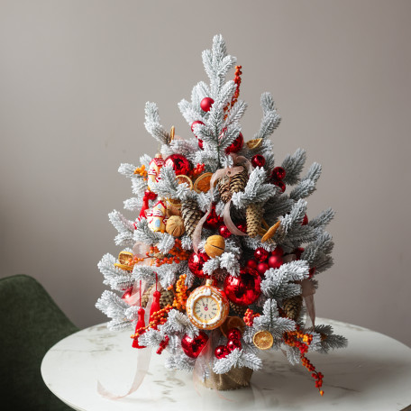 Елка заснеженная, КРАСНО-ОРАНЖЕВАЯ, авторский декор, ручная работа, 65 см