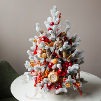Елка заснеженная, КРАСНО-ОРАНЖЕВАЯ, авторский декор, ручная работа, 65 см