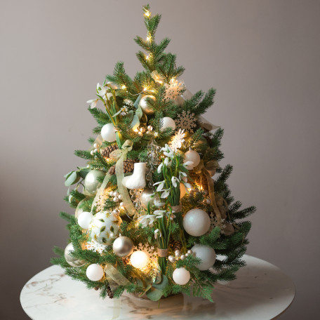 Елка премиум эксклюзивная, ПОДСНЕЖНИКИ, с огнями, ручная работа, 90 см