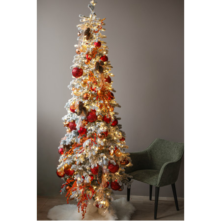 Узкая заснеженная елка 2.5 м с красно-оранжевым декором