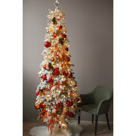 Узкая заснеженная елка 2.5 м с красно-оранжевым декором