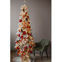 Узкая заснеженная елка 2.5 м с красно-оранжевым декором