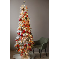 Узкая заснеженная елка 2.5 м с красно-оранжевым декором