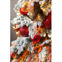 Узкая заснеженная елка 2.5 м с красно-оранжевым декором