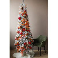 Узкая заснеженная елка 2.5 м с красно-оранжевым декором