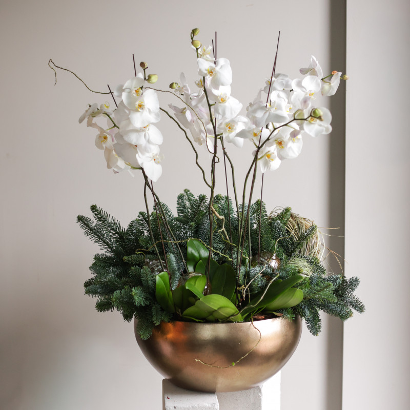 Орхидеи с натуральной хвоей в металлическом кашпо