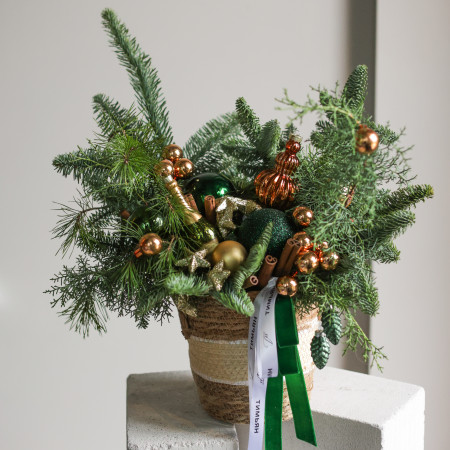 Стильная композиция из настоящей живой хвои с шампанским