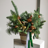 Стильная композиция из настоящей живой хвои с шампанским