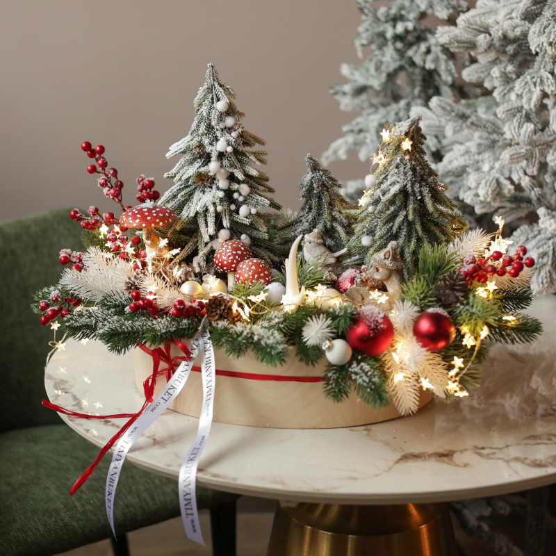 028. Новогодняя композиция в кашпо с елочками и мухоморами