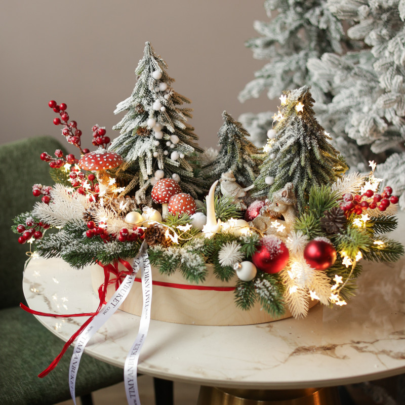 028. Новогодняя композиция в кашпо с елочками и мухоморами