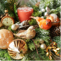 032. Новогодняя композиция с оранжевым декором с птицами и апельсиновыми дольками