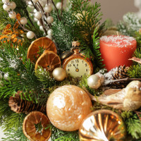 032. Новогодняя композиция с оранжевым декором с птицами и апельсиновыми дольками