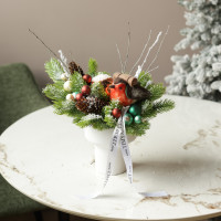 049. Новогодняя композиция в кашпо с пузатым снегирем