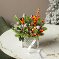 051. Новогодняя композиция в кашпо с оранжевыми ягодами и птичкой