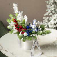 055. Новогодняя композиция в кашпо с лошадкой гжель