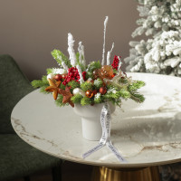 056. Новогодняя композиция в кашпо с красно-оранжевым декором