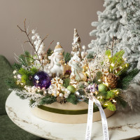 066. Новогодняя композиция Бал Снеговиков в деревянном кашпо с огоньками