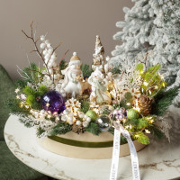 066. Новогодняя композиция Бал Снеговиков в деревянном кашпо с огоньками