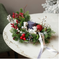 080. Новогодняя композиция со свечой и белыми лошадками/коровками (на выбор)