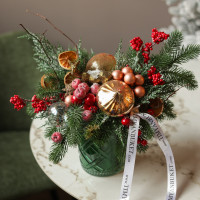 081. Новогодняя композиция в стакане с красно-оранжевым пряным декором  