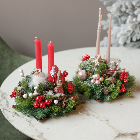 087. Новогодняя композиция со свечами и милым декором с фигурками животных (в асс.)