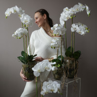 Белая орхидея фаленопсис (ботаническая копия) в стеклянной вазе, M