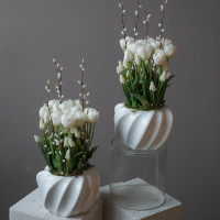 Интерьерная весенняя композиция в кашпо с белыми тюльпанами